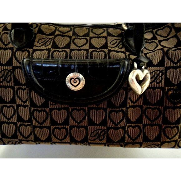 Brighton Satchel Handbag Braided Double Handles Leather Trim  Brighton Satchel Handbag Braided Double Handles Leather Trim Black & Taupe Heart